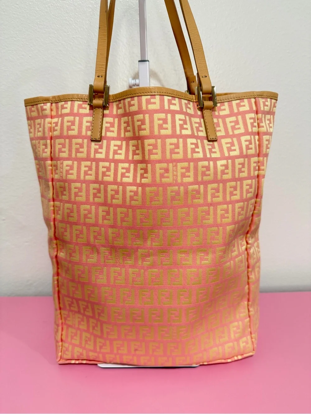 Fendi Pink and Tan Zucca Monogram Tote with Pouch